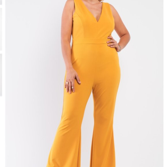 Yellow Mustard Sleeveless Women’s Jumpsuit – Plus – 1X, 2X & 3X - Picture 1 of 9